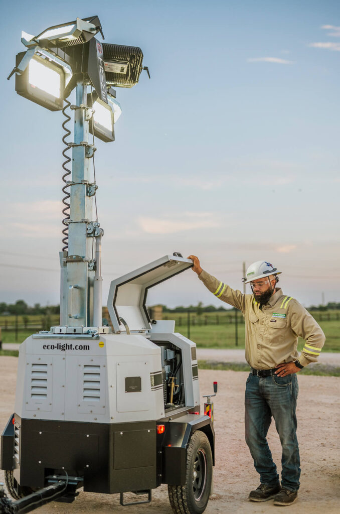 Light Towers Mobile light towers providing nighttime illumination at a jobsite