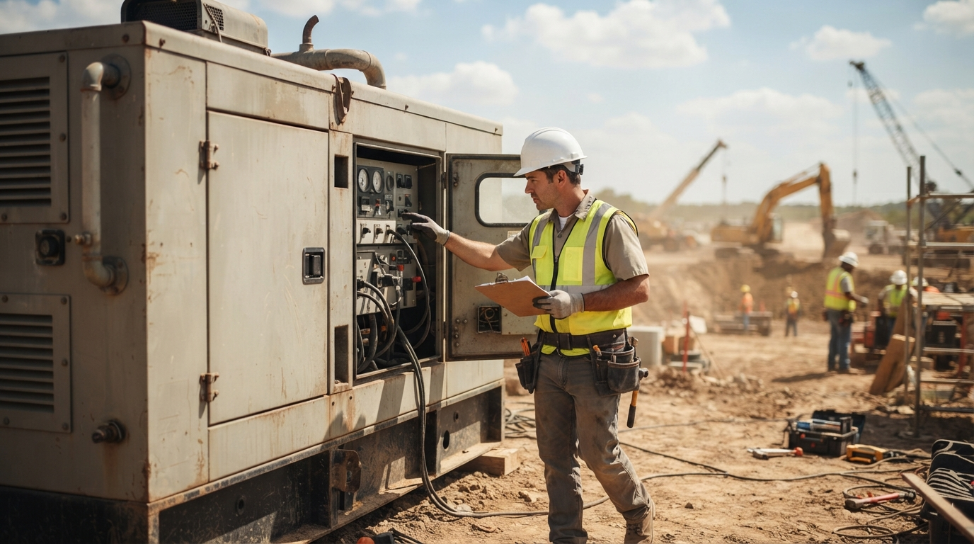 Technician in hard hat and hi-vis vest checking the control panel of an industrial diesel generator on a Texas construction site