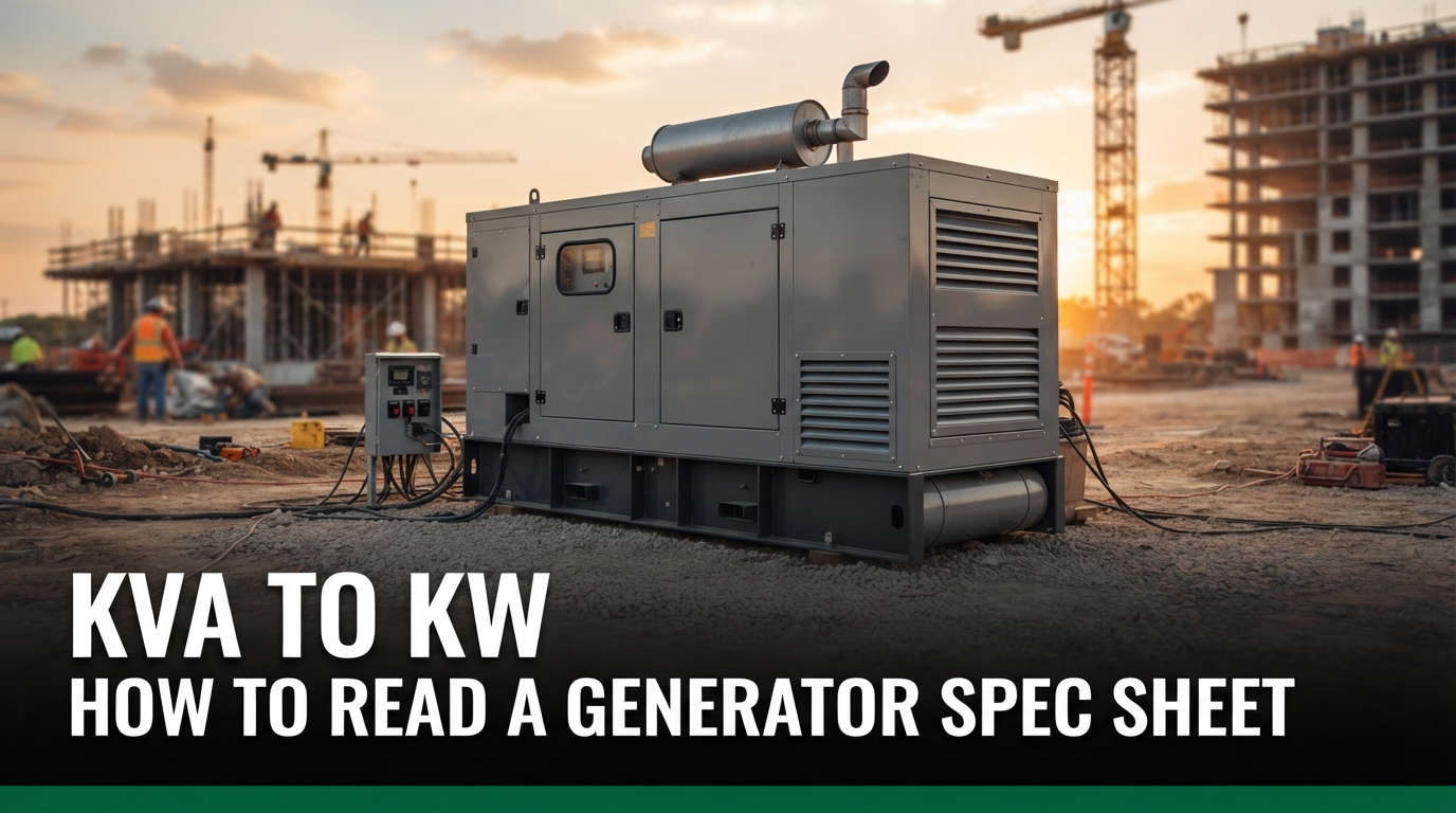 Generator spec sheet showing kVA and kW ratings with a power factor conversion chart