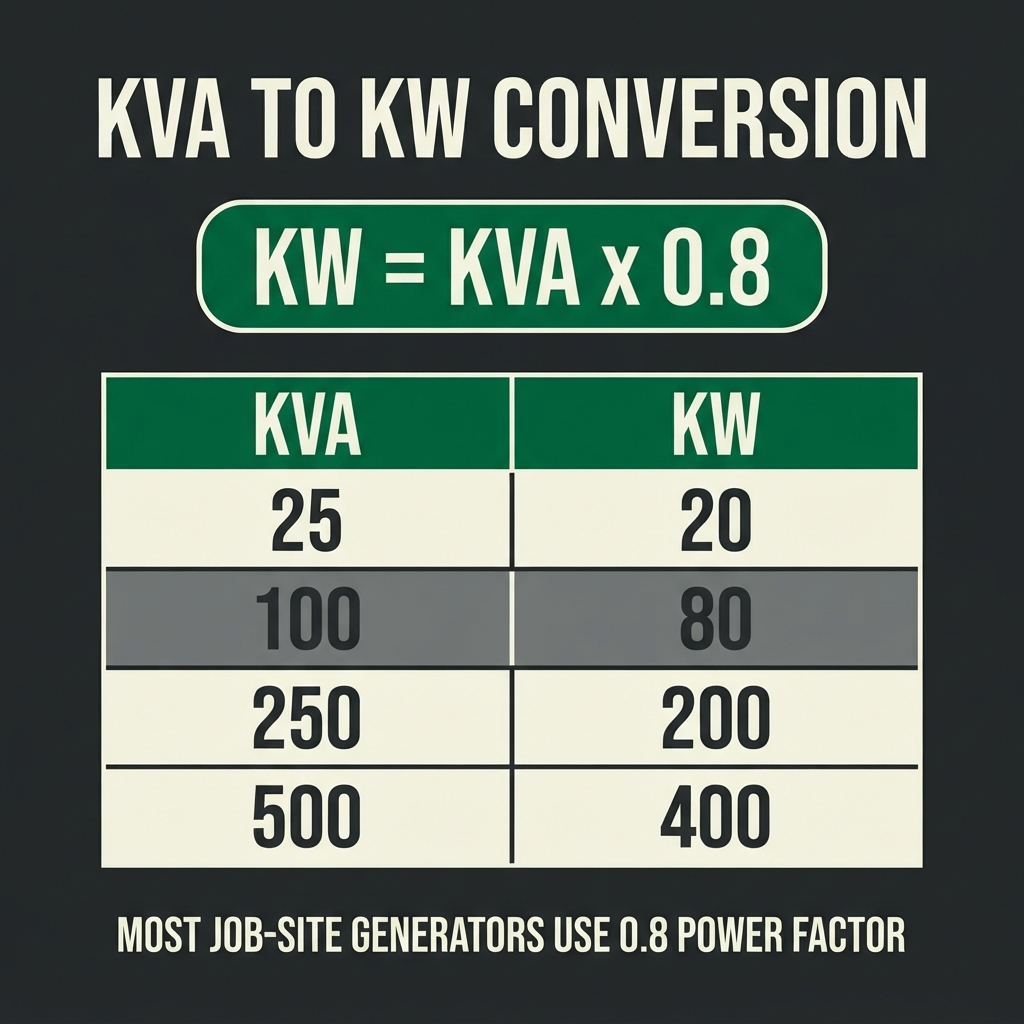 kVA to kW conversion infographic at 0.8 power factor: 25 kVA equals 20 kW, 100 equals 80, 250 equals 200, 500 equals 400