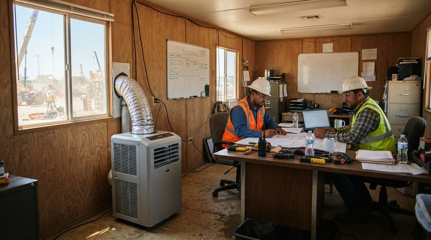 Portable air conditioning unit with ducting cooling the interior of a Texas construction site office trailer while two workers in hi-vis vests work at a desk