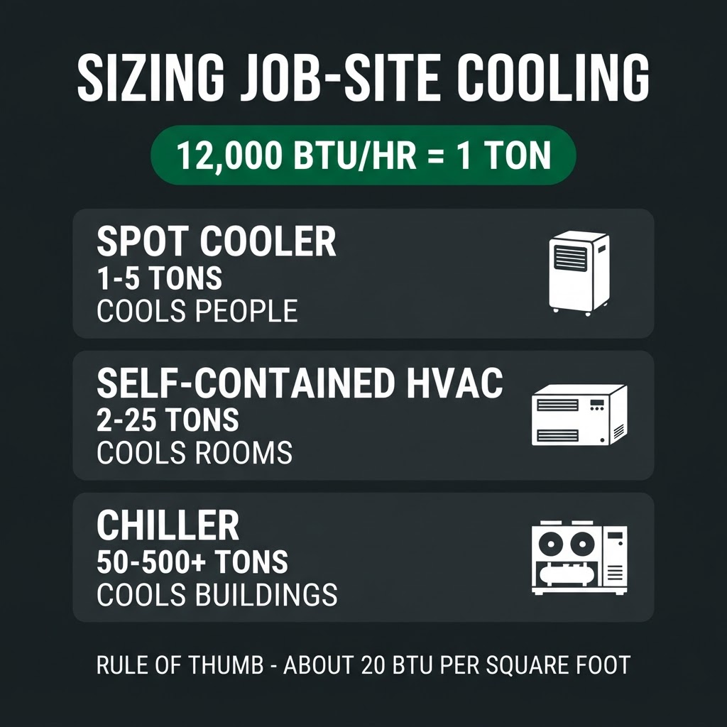 Infographic: sizing job-site cooling, 12,000 BTU/hr equals 1 ton, with spot cooler, self-contained HVAC, and chiller tonnage ranges