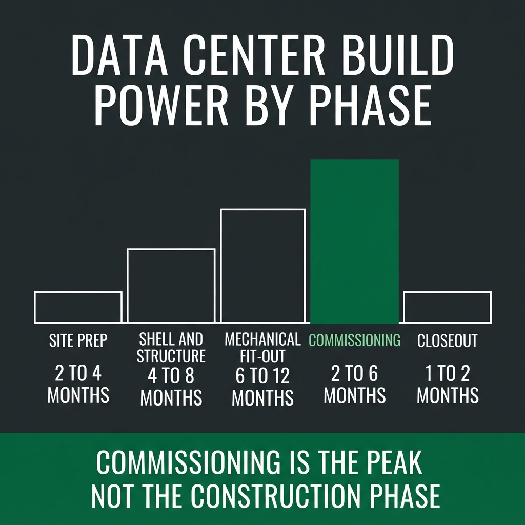 Infographic: data center build power demand by phase, peaking during commissioning at 2 to 6 months rather than during construction