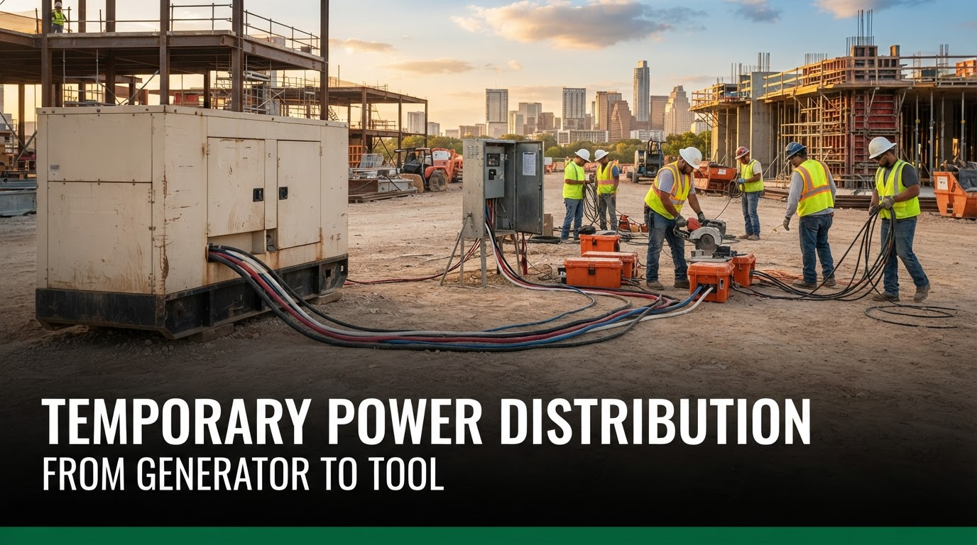 Diesel rental generator feeding color-coded feeder cables into a distribution panel and spider boxes on a Texas construction site