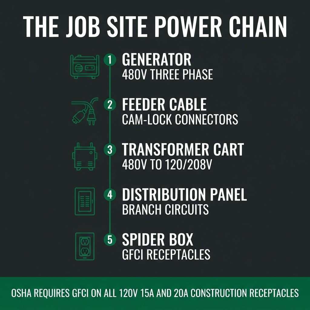 Infographic: the job site power chain from a 480V three-phase generator through cam-lock feeder cable, transformer cart, distribution panel and GFCI spider box