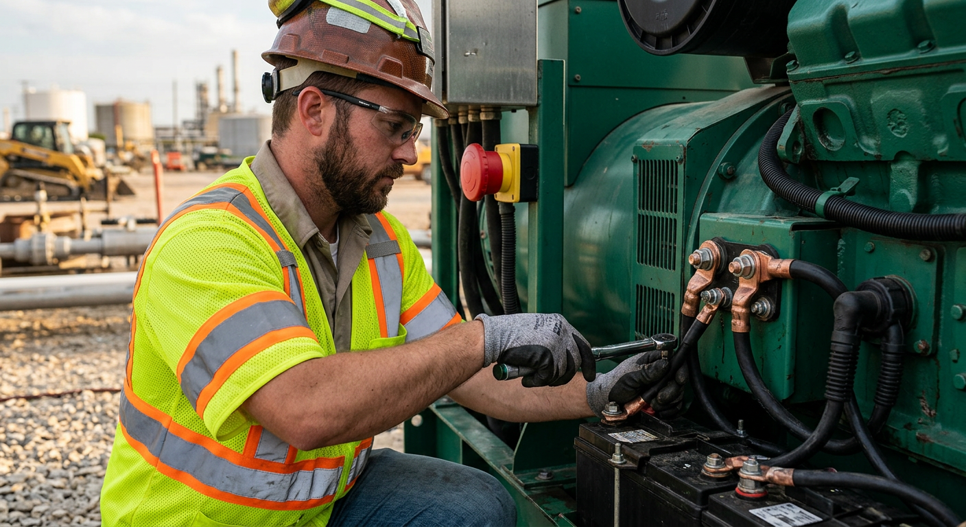 Technician checking battery cables and the e-stop on a trailer-mounted diesel generator
