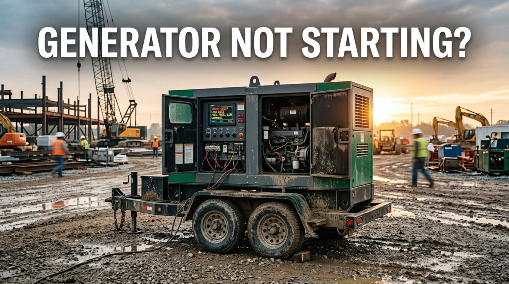 Diesel rental generator on a Texas construction site with the control panel door open