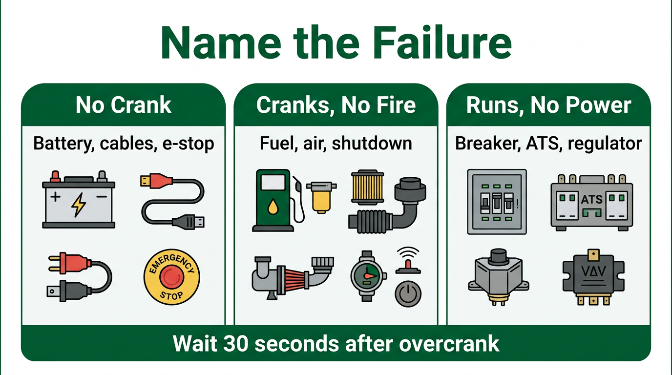 Infographic: no crank vs crank no fire vs runs no power troubleshooting paths