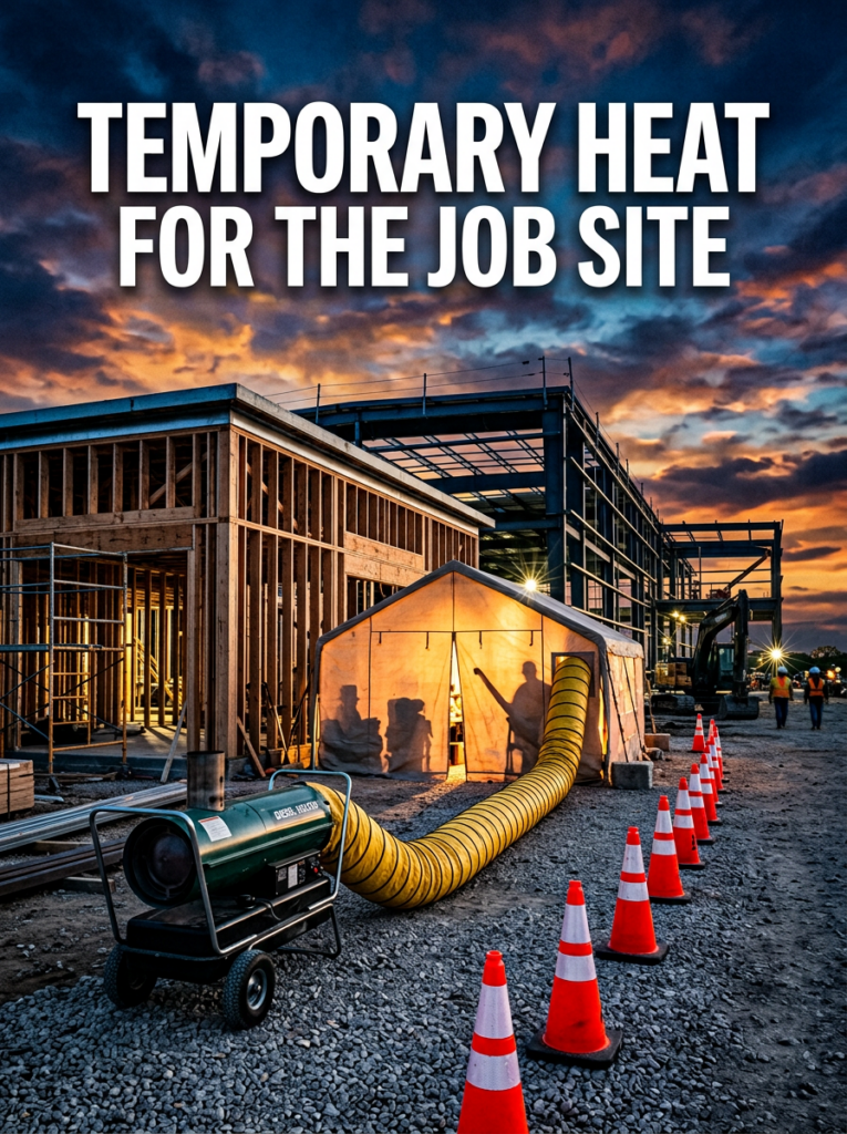 Indirect-fired construction heater ducted into a Texas job-site tent at dusk