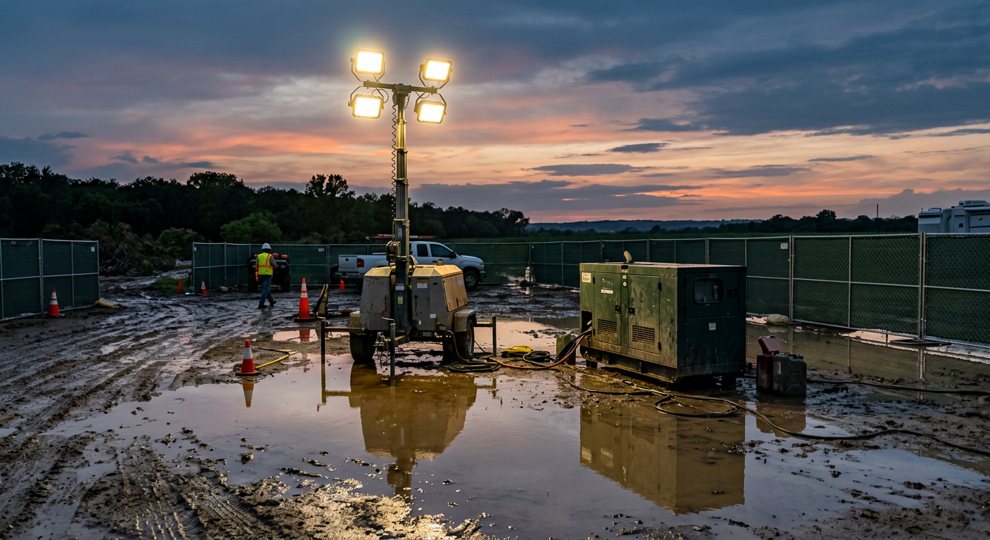 LED light tower and temporary generator on a flooded Texas recovery pad at dusk