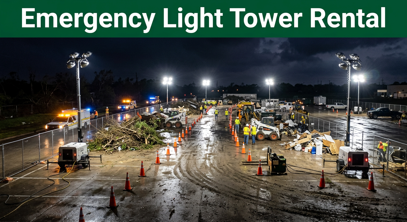 LED light towers illuminating a storm recovery staging area with debris lanes at night