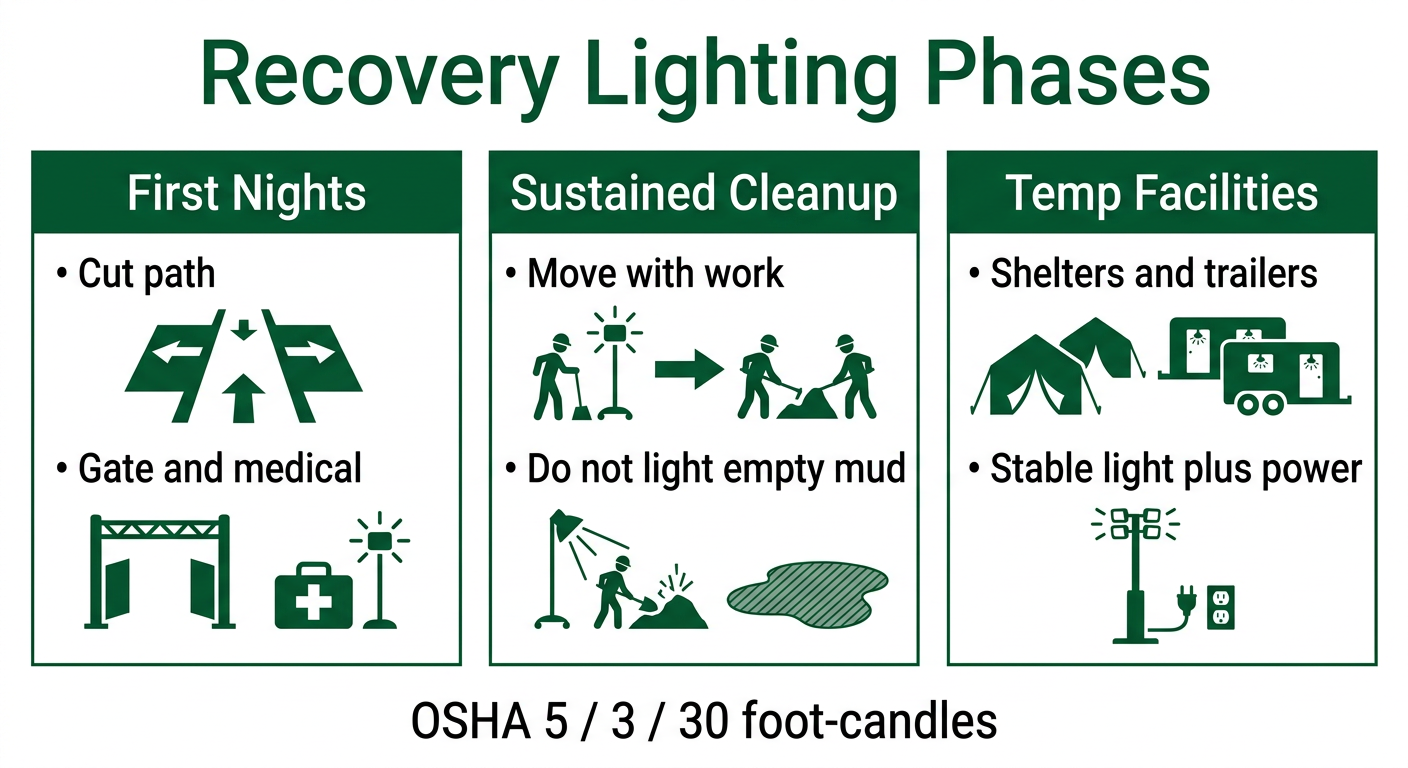 Infographic of disaster recovery lighting phases from first night to temporary facilities